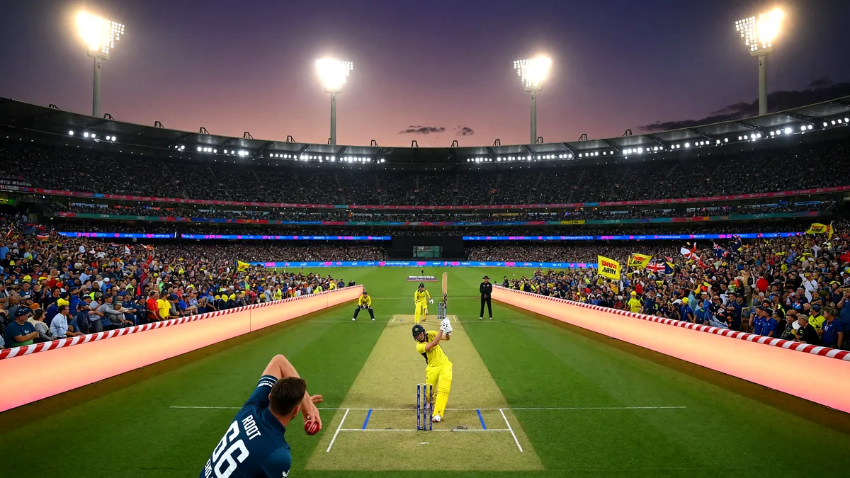 Cricket stadium at dusk with floodlights on, looking down the pitch