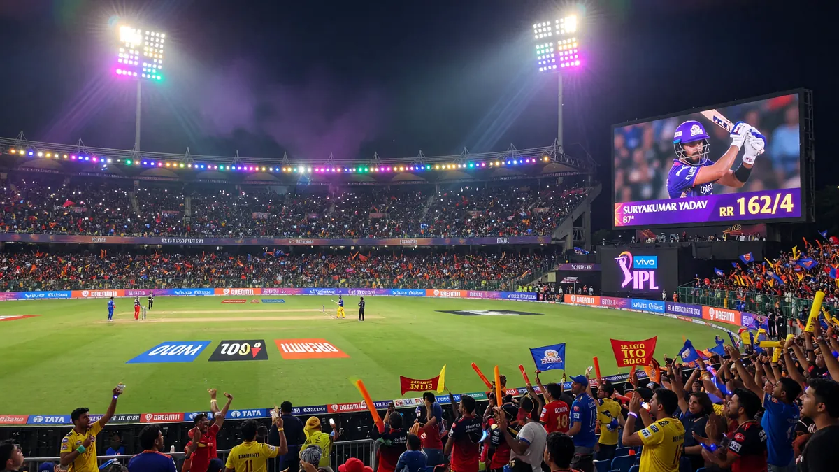 IPL stadium floodlit at night during a T20 match