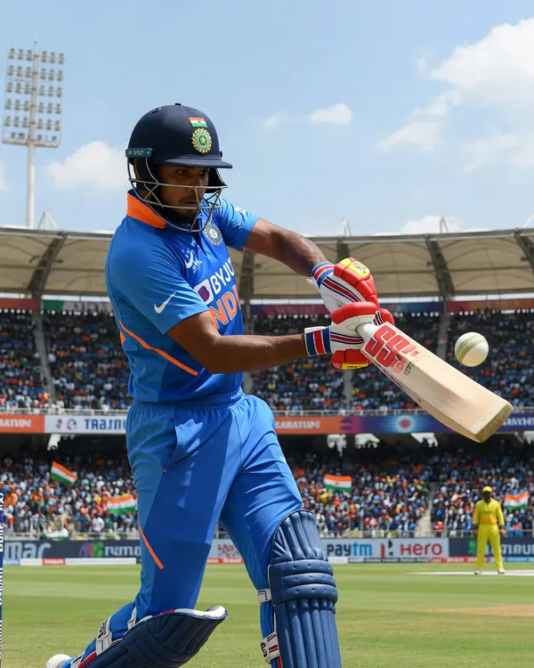 Indian cricket batter playing a cover drive in a daytime Test match