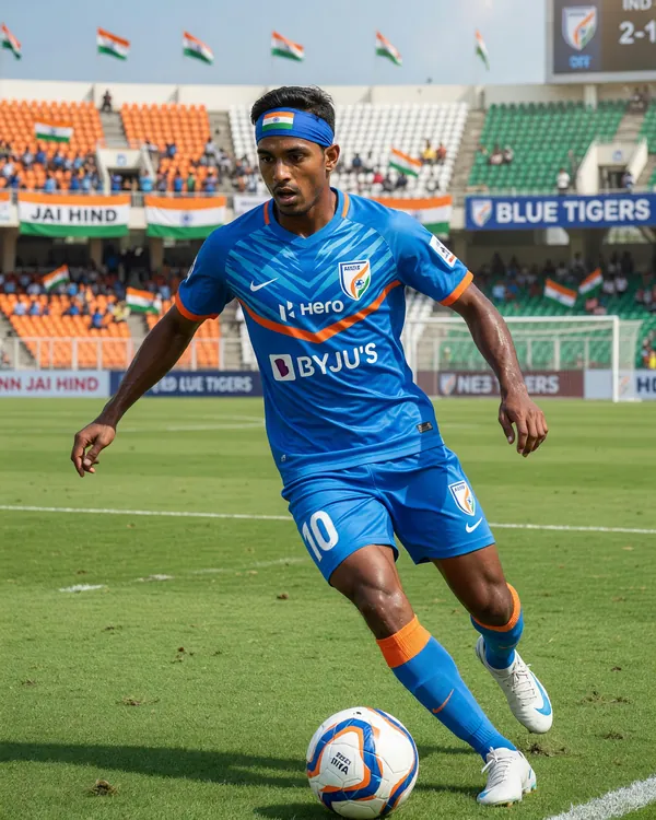 Indian footballer in blue kit dribbling on a green pitch during a daytime ISL match