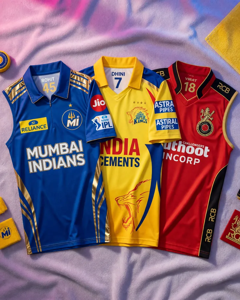 Cricket team jerseys of Mumbai Indians, Chennai Super Kings and Royal Challengers Bengaluru arranged on a soft surface