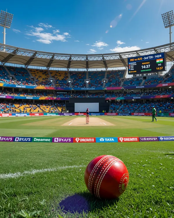 Cricket ball on grass inside a daytime stadium, with a packed stand in the background