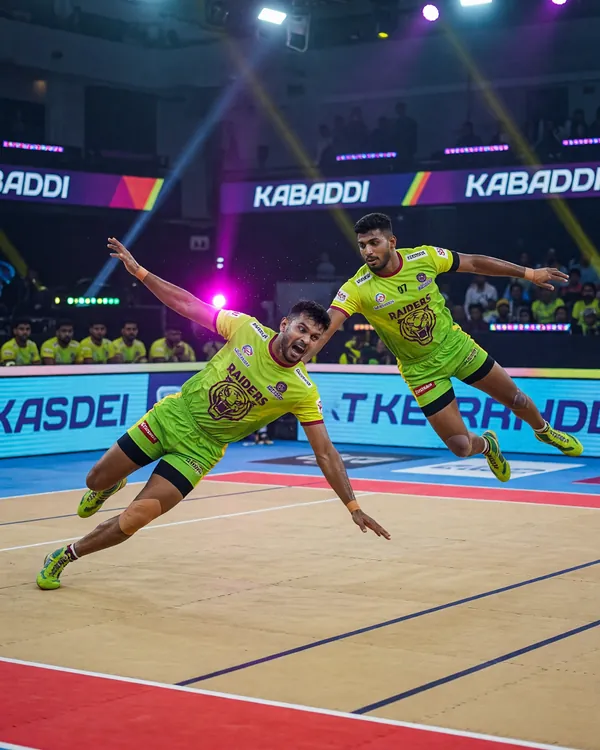 Two kabaddi raiders facing off inside an indoor arena under bright match lighting