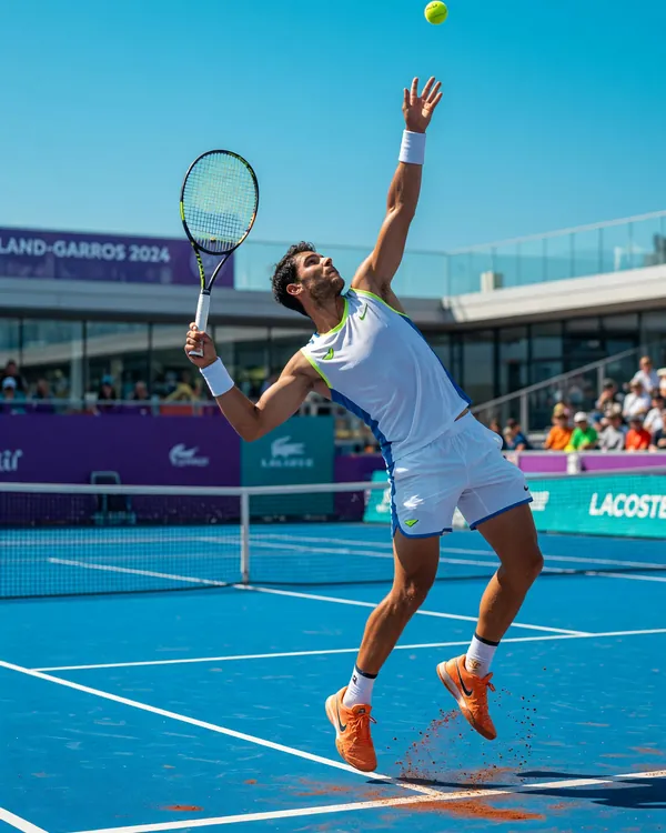 Tennis player mid-serve on a blue hard court under daytime lighting
